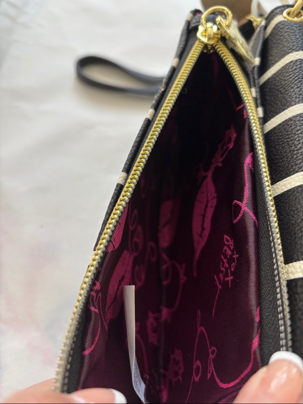 Betsey Johnson Black and cream Striped gold Bow Wristlet - Picture 3 of 5